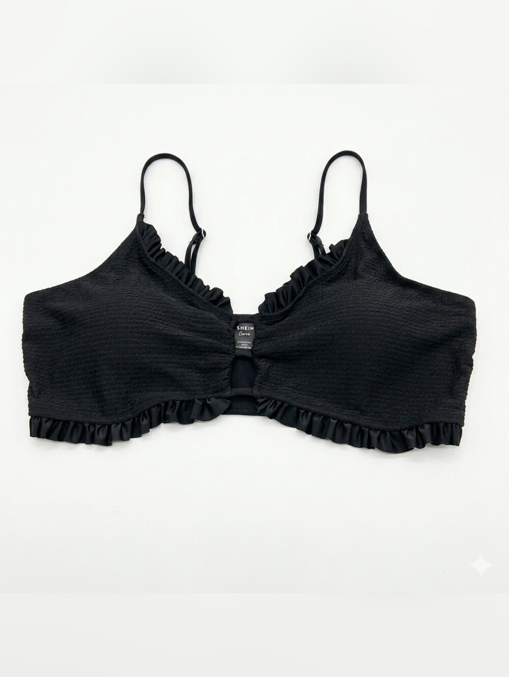 Ruffled Caged Bikini Top Swim Suit Ribbed Padded Black Womens Plus Size 4X